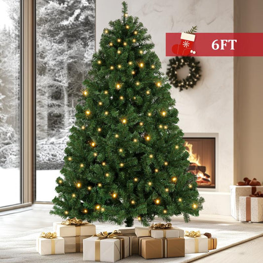 6FT Artificial Holiday Christmas Tree, Creating a Festive Atmosphere for Halloween and Christmas, Suitable for Home, Office, and Party Decoration, Equipped with Incandescent Lamps, Easy to Assemble, Metal Hinges, and Foldable Base